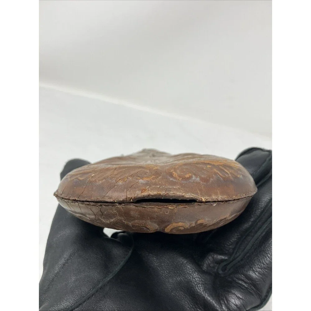 Antique Leather Gunpowder Pouch FLAWED Quail Pheasant Design w metal top VTG